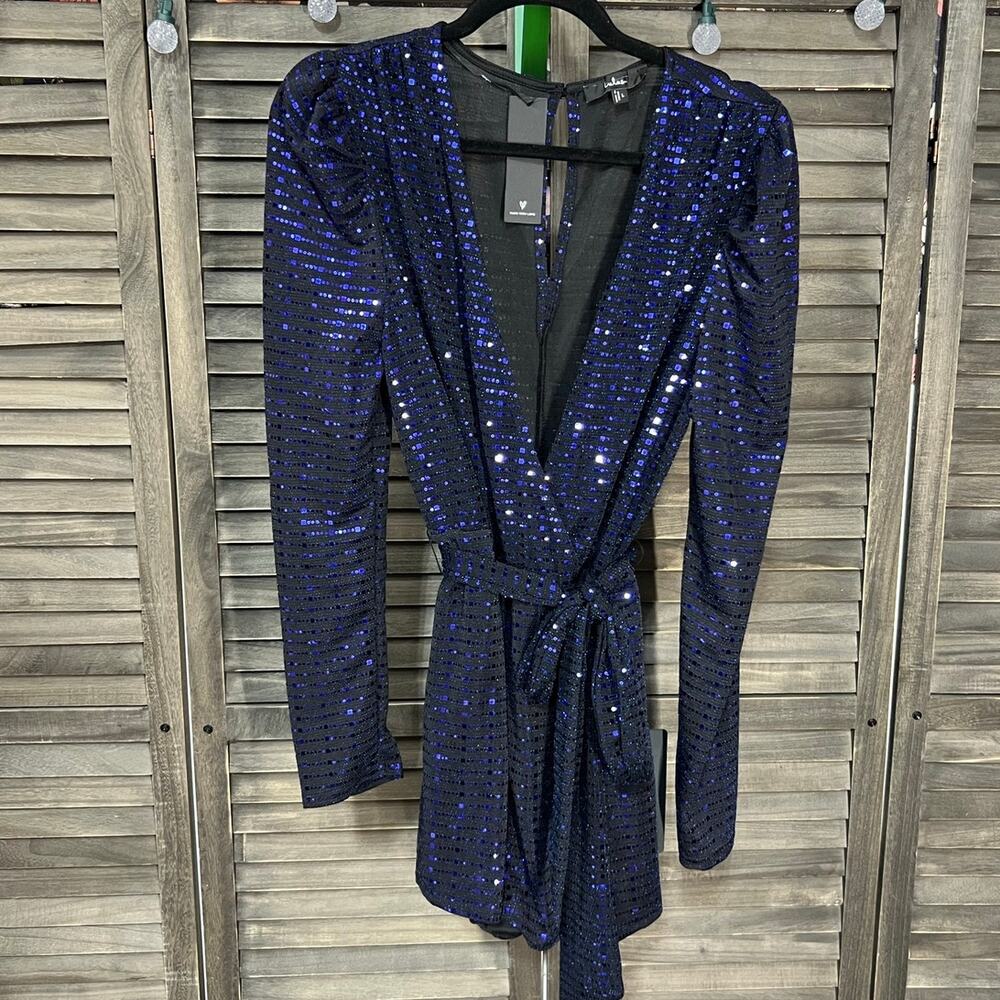 LuLus Bettie Royal Blue Sequin Romper Long Sleeve NWT Large - Picture 3 of 8